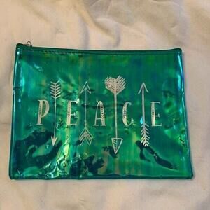 Peace Cosmetic Bag Translucent Zip Closure Silver Lettering Arrows 8x5.5 Inches